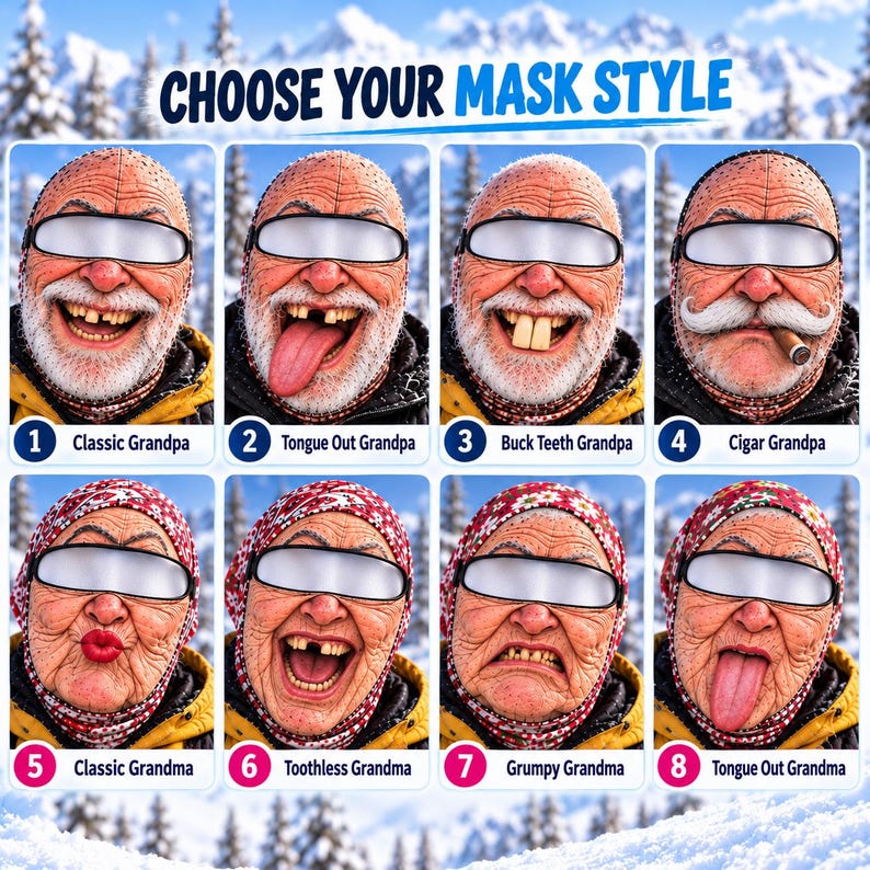 MollyTee Funny Grandpa Grandma Skiing Balaclava Mask (8 styles)