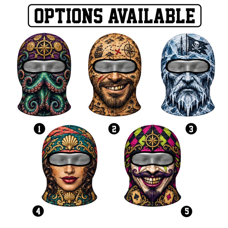 MollyTee Funny Pirate Face Ski Mask Treasure Map Octopus Skull Viking Beard & Mermaid Print Full Face Balaclava (5 faces)