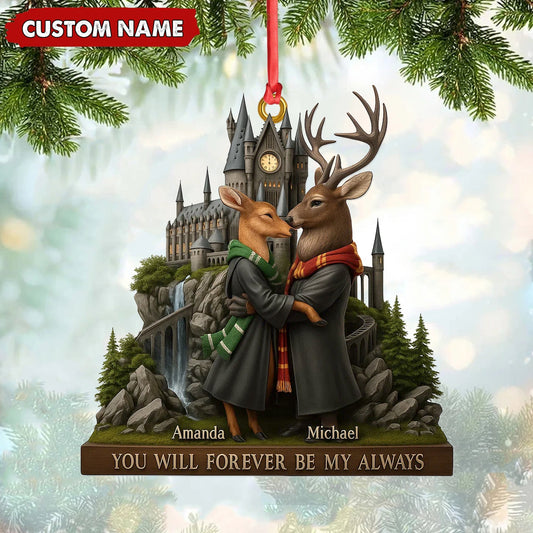 MollyTee Personalized Wizard Castle Deer Couple Ornament, Custom Name Fantasy Lovers Christmas Gift, Magic School Romance Tree Decoration - image 1