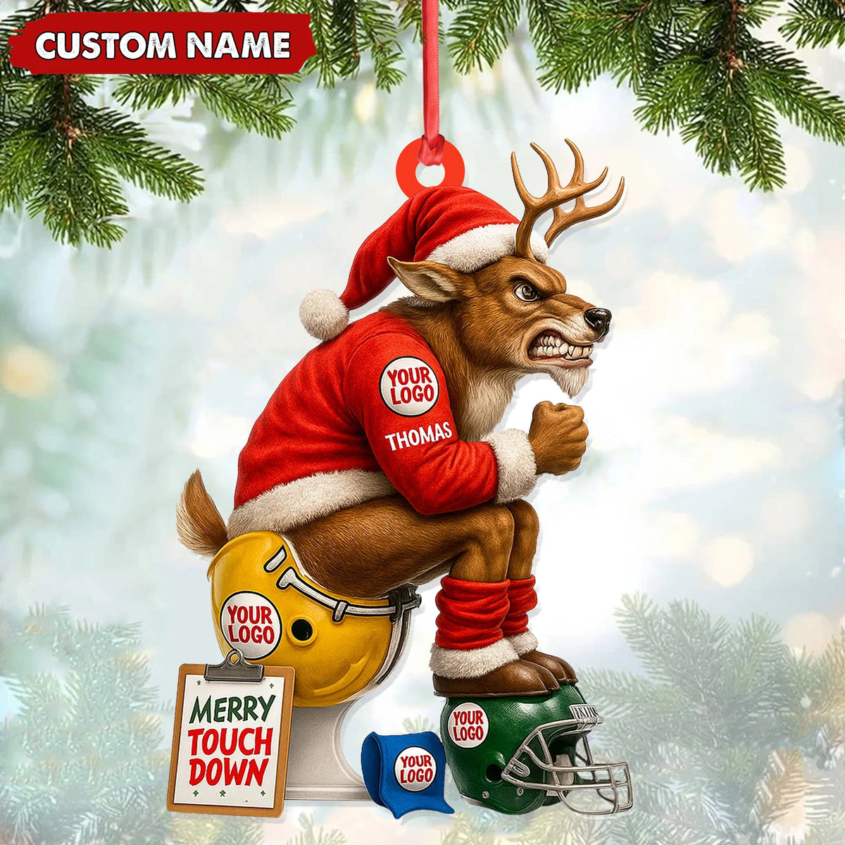 MollyTee Personalized Football Christmas Ornament, Custom Reindeer Santa Touchdown Decoration, Funny Custom Name Team Logo Gift MT2411 - image 1