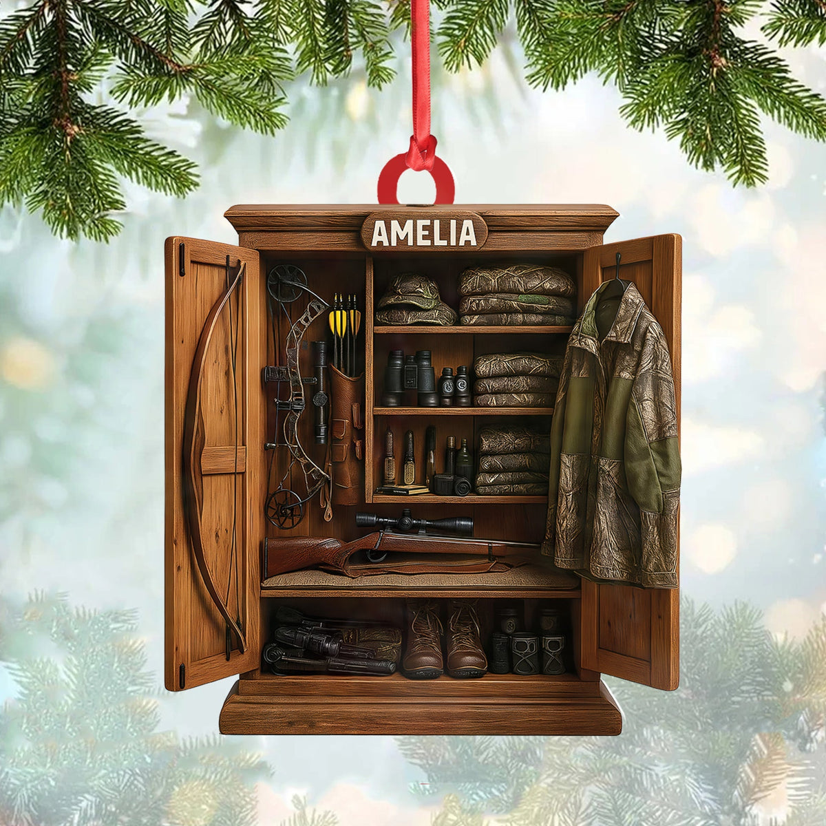 MollyTee Personalized HunterÃƒÂ¢Ã¢â€šÂ¬Ã¢â€žÂ¢s Gear Closet Ornament, Custom Name Hunting Equipment Christmas Decoration - image 1