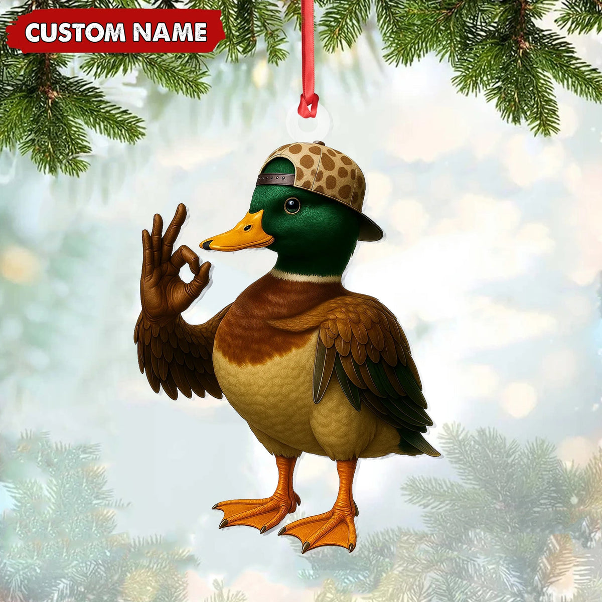 MollyTee Personalized Cool Duck Christmas Ornament, Custom Name Mallard Wearing Hat, Funny Hipster Duck Tree Decoration - image 1