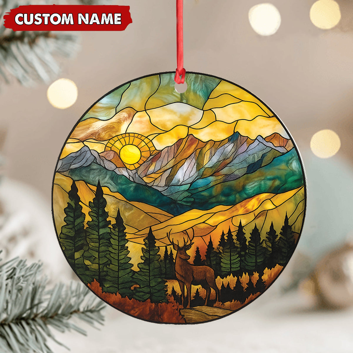 MollyTee Personalized Deer Stained Glass Acrylic Ornament - Mountain Sunrise Christmas Tree Decoration Gift - image 5