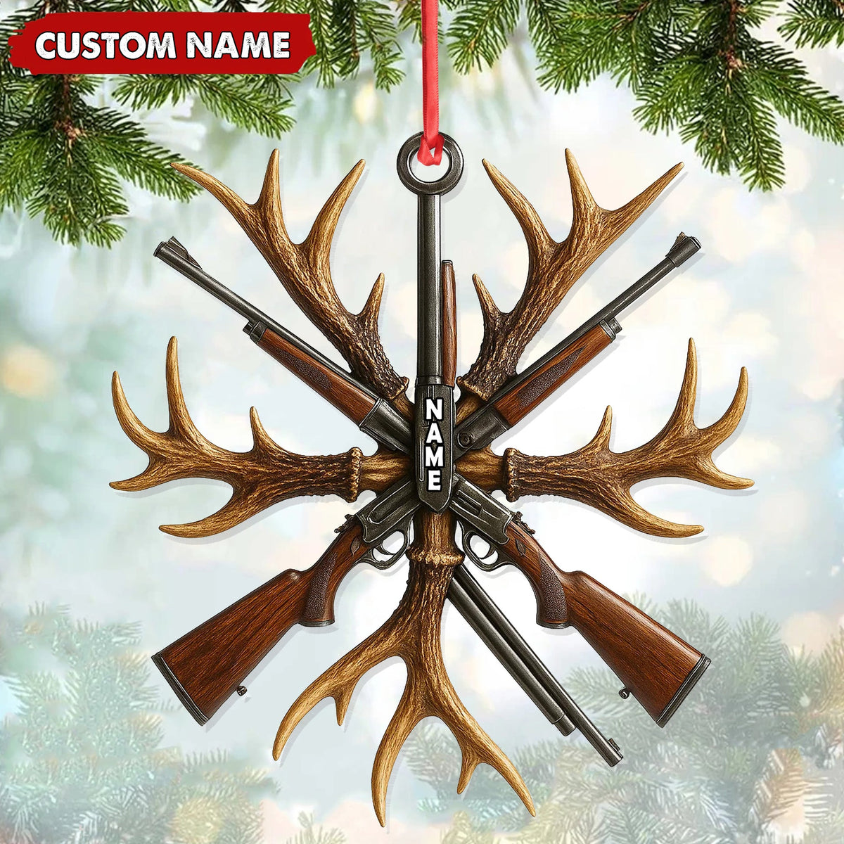 MollyTee Custom Name Hunting Ornament, Antlers and Rifles Christmas Decor for Hunters - image 2