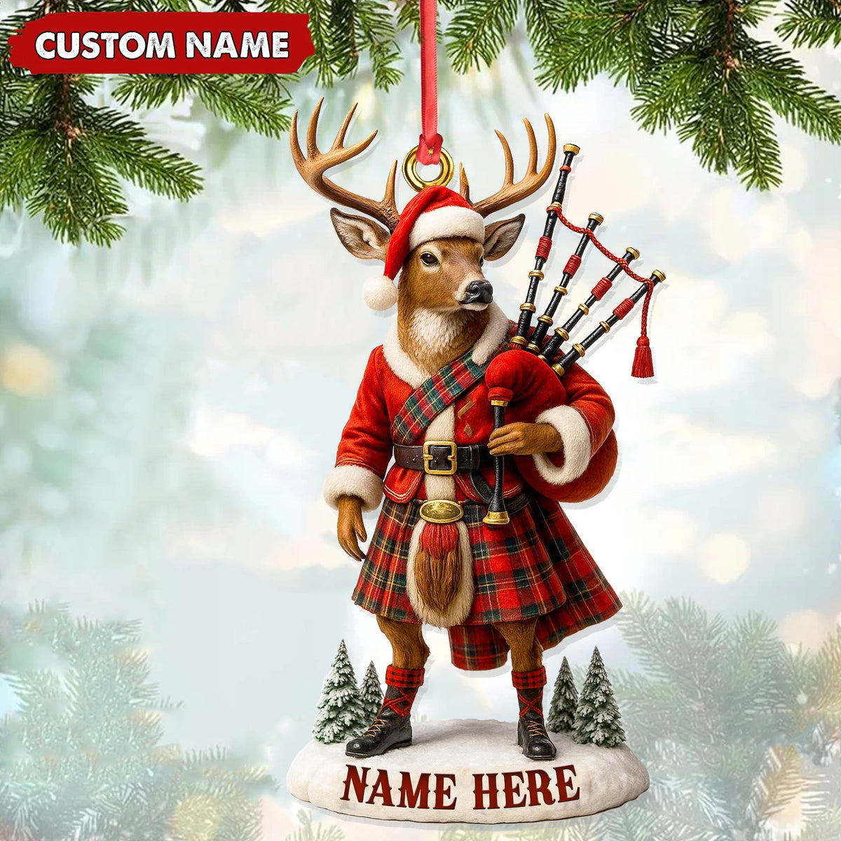 MollyTee Personalized Scottish Deer Ornament, Custom Name Highland Bagpiper Christmas Decoration - image 3