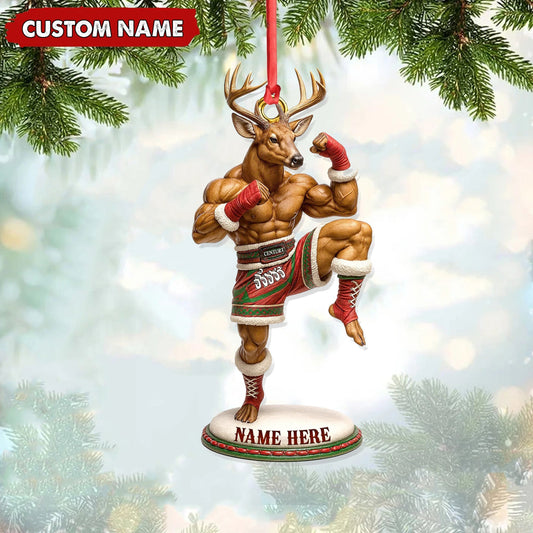 MollyTee Custom Name Muay Thai Deer Ornament, Funny Boxing Deer Christmas Decoration - image 1