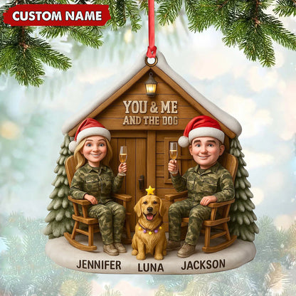 MollyTee Personalized Hunter Couple Dog Christmas Ornament, Custom Name “You and Me and the Dog” Cabin, Cute Hunting Family Pet Lover Gift - image 1