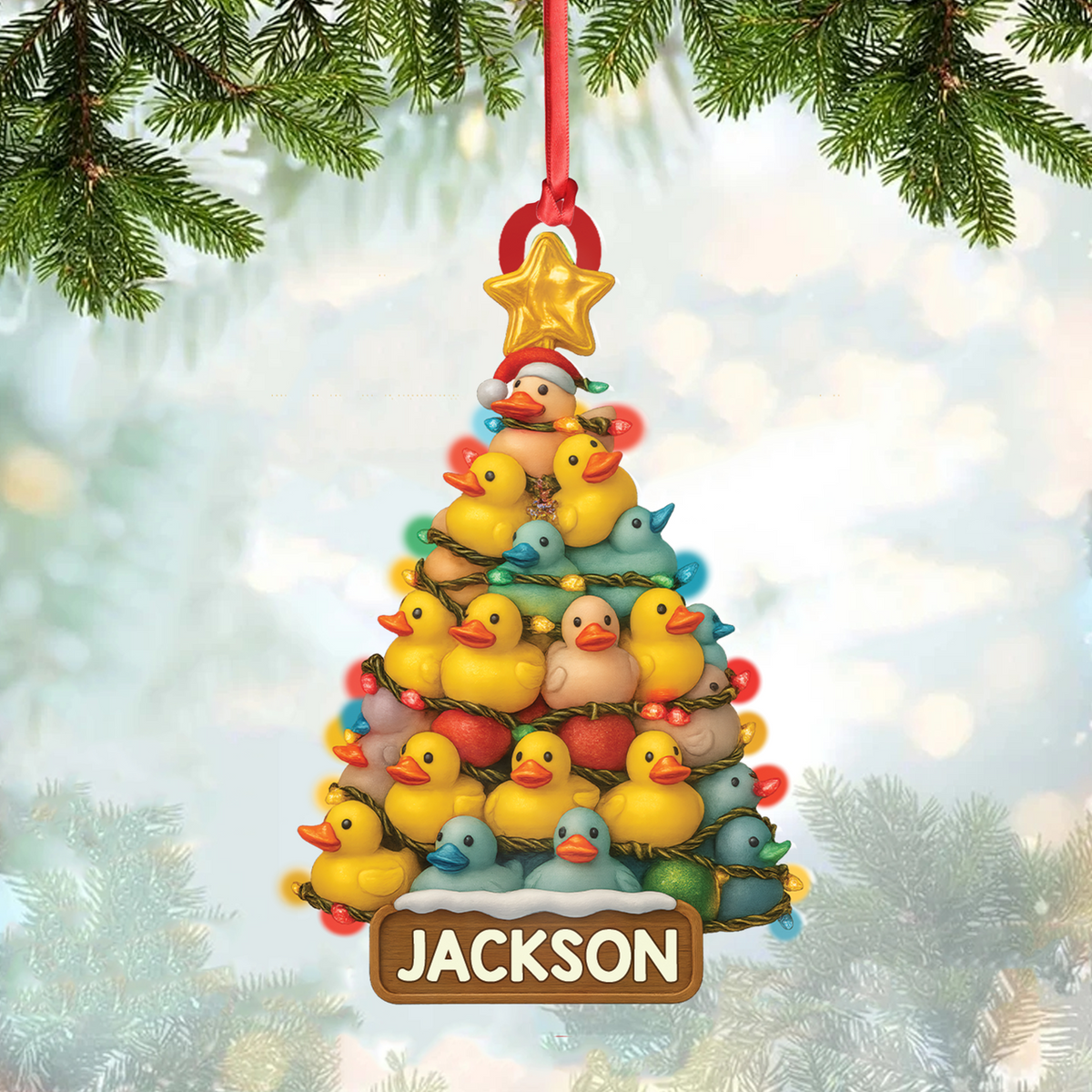 MollyTee Personalized Funny Rubber Duck Acrylic Christmas Tree Ornament - Custom Name Xmas Decoration for Hunter or Family, Cute Holiday Ornament - image 1