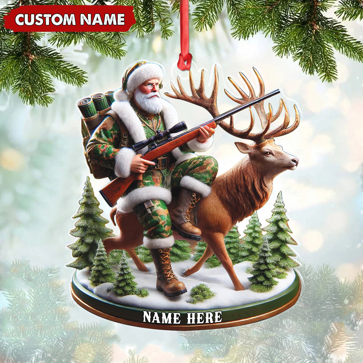 MollyTee Personalized Acrylic Hunter Santa Riding Deer Christmas Ornament - Custom Hunting Gift Decoration - image 1