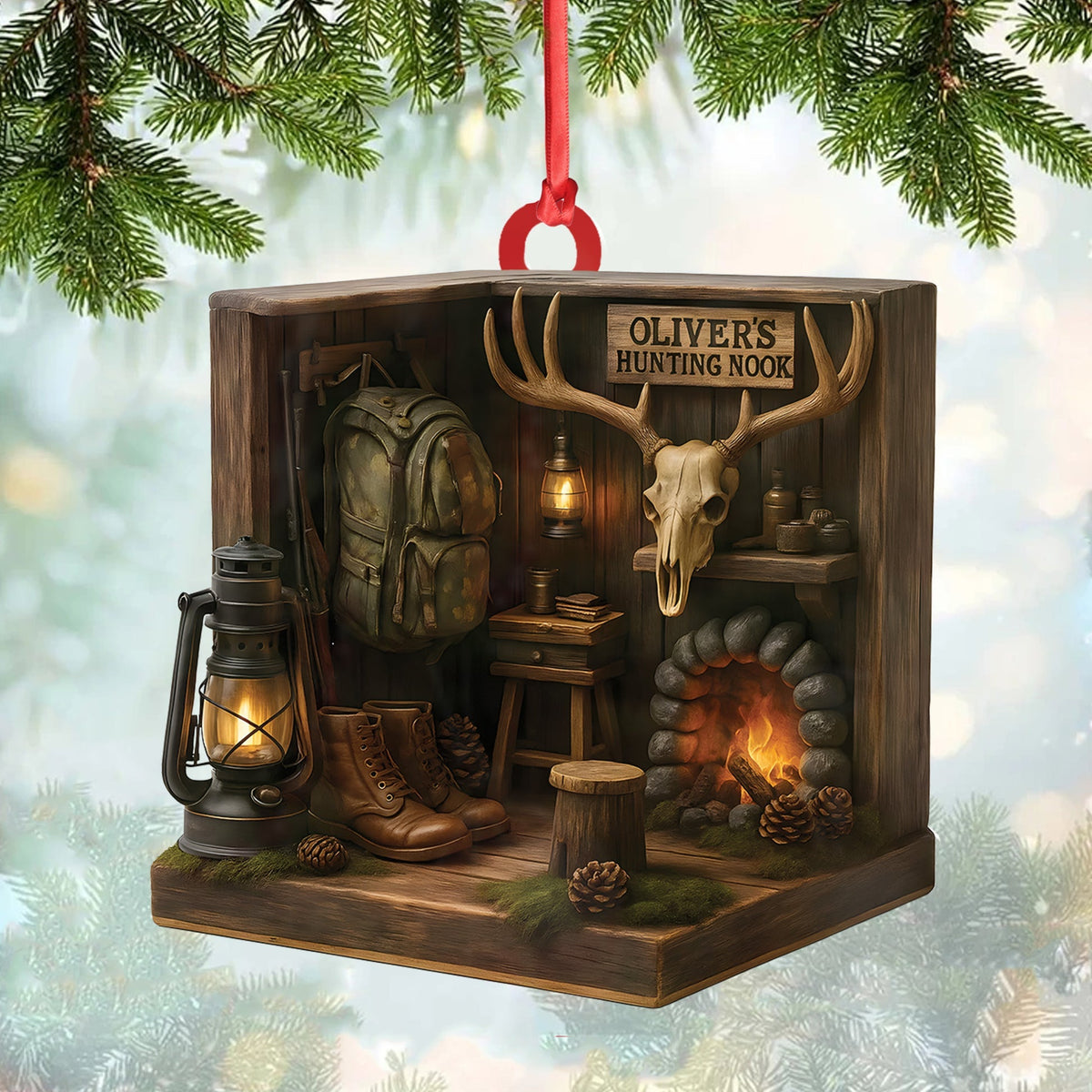 MollyTee Personalized Hunting Cabin Ornament, Custom Name Deer Antler Lodge Christmas Decoration - image 1
