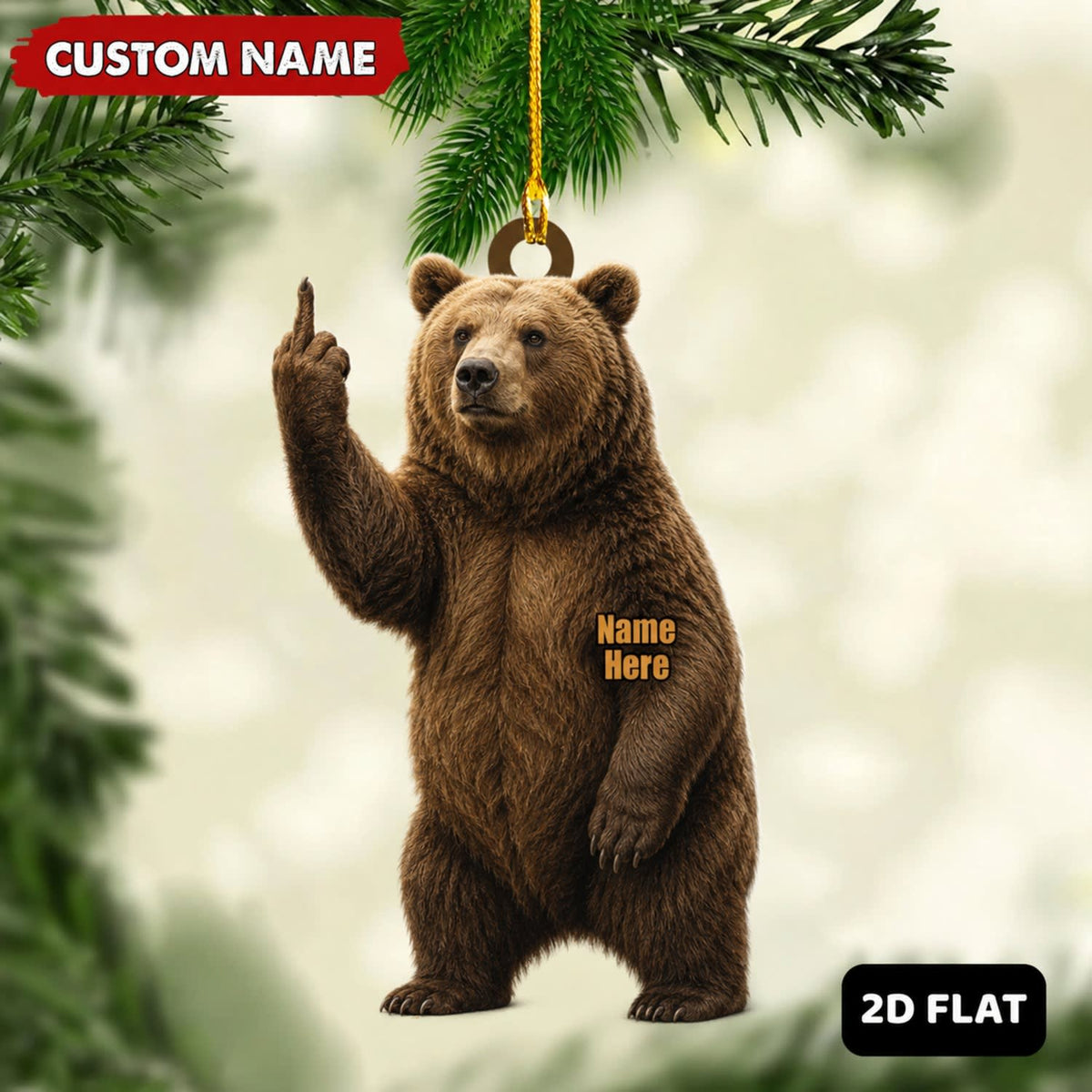 MollyTee Bear Hunting Middle Finger Gesture Funny Hunter Gift Customized Name 3D-Look Keychain And Ornament - image 1