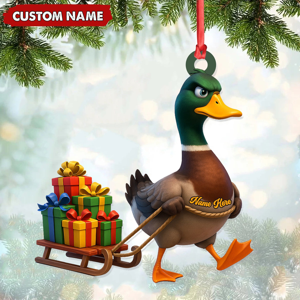 MollyTee Funny Duck Acrylic Christmas Ornament - Mallard Pulling Gifts, Unique Christmas Gift for Hunters - image 1