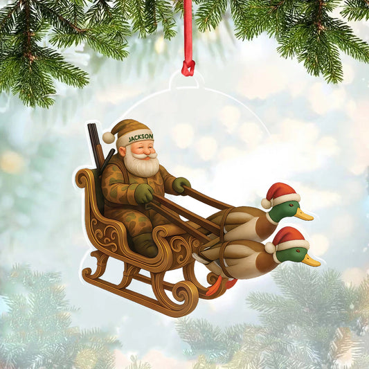 MollyTee Personalized Funny Santa Hunter Acrylic Ornament- Duck Hunting Christmas Wall Art, Santa Claus with Ducks Sleigh, Custom Hunter Gift for Men - image 1