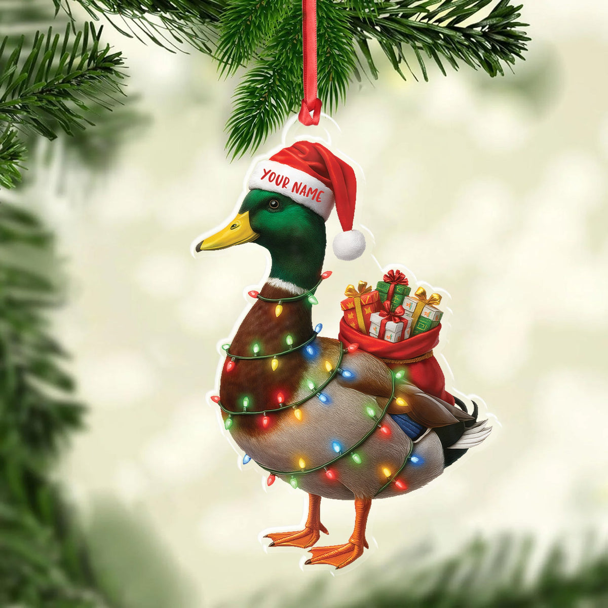 MollyTee Funny Christmas Duck Acrylic Ornament - Mallard Santa with Lights and Gifts, Personalized Holiday Decoration for Duck Lovers, Unique Hunter Christmas Gift - image 2