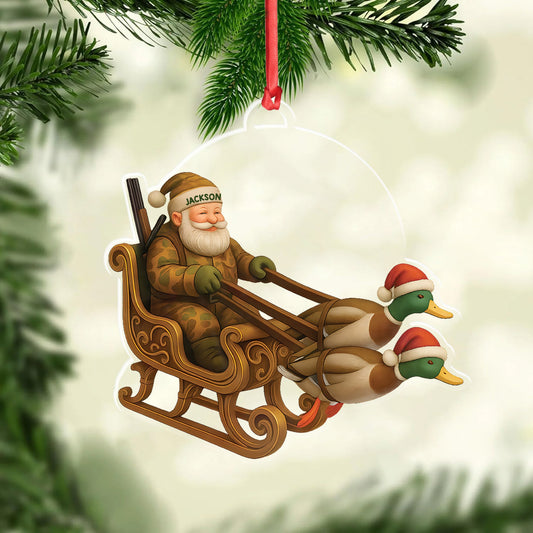 MollyTee Personalized Funny Santa Hunter Acrylic Ornament- Duck Hunting Christmas Wall Art, Santa Claus with Ducks Sleigh, Custom Hunter Gift for Men - image 2