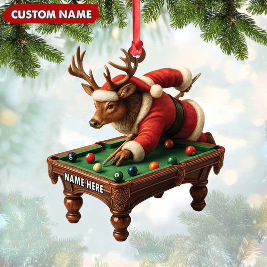 MollyTee Personalized Acrylic Deer Christmas Ornament - Funny Buck Playing Pool in Santa Outfit Holiday Decor - image 1