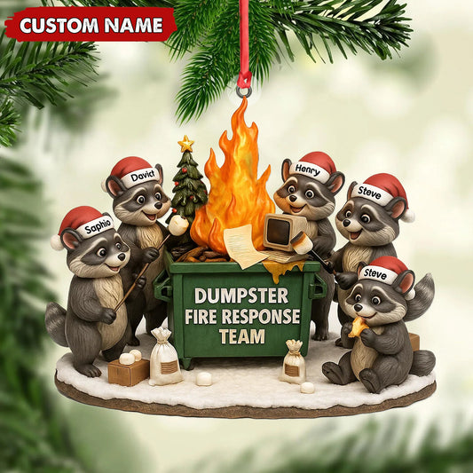 MollyTee Personalized Dumpster Fire Response Team Christmas Ornament, Custom Name Raccoon Office Crew Gift, Funny Workplace Dumpster Fire Holiday Decor MT2411 - image 2
