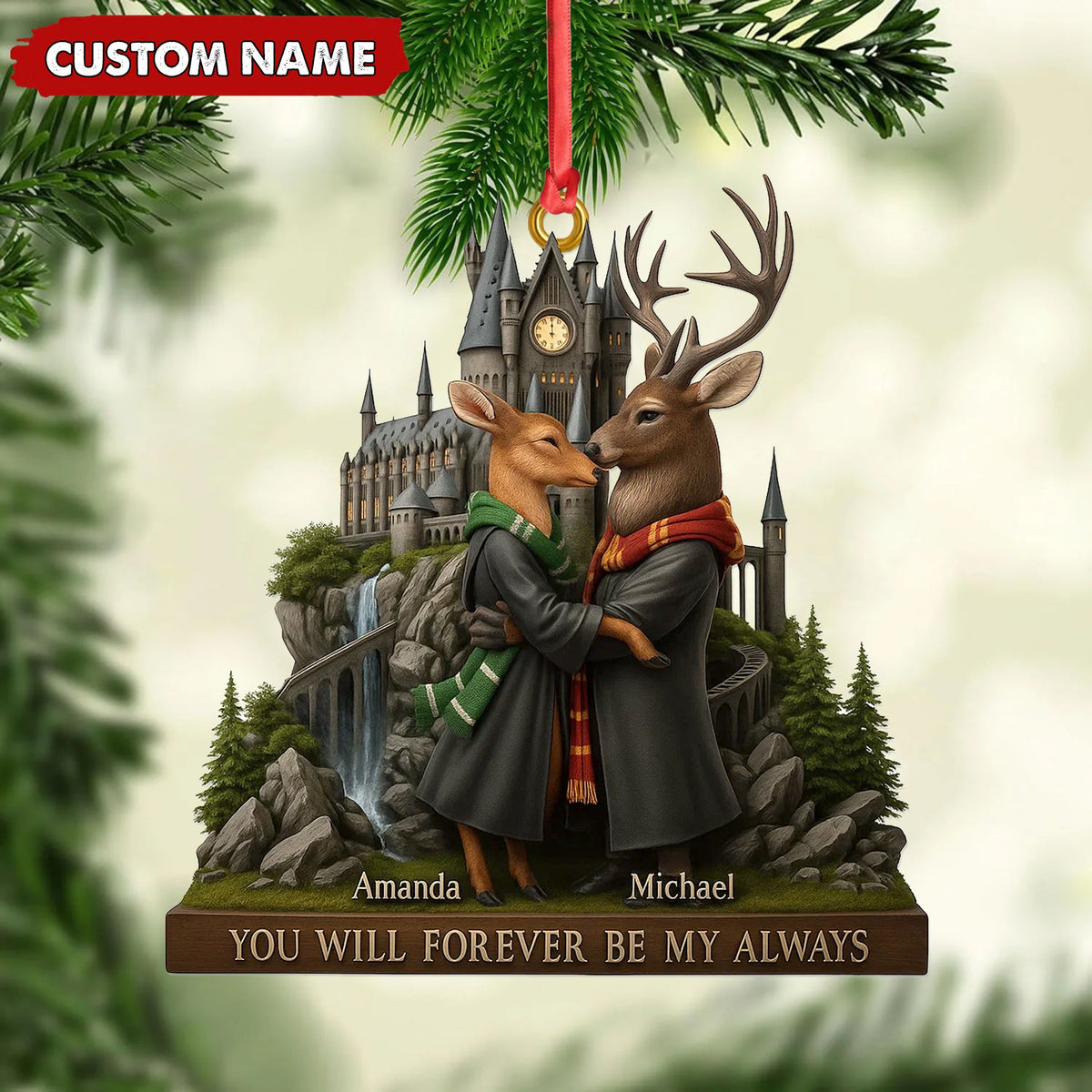 MollyTee Personalized Wizard Castle Deer Couple Ornament, Custom Name Fantasy Lovers Christmas Gift, Magic School Romance Tree Decoration - image 5