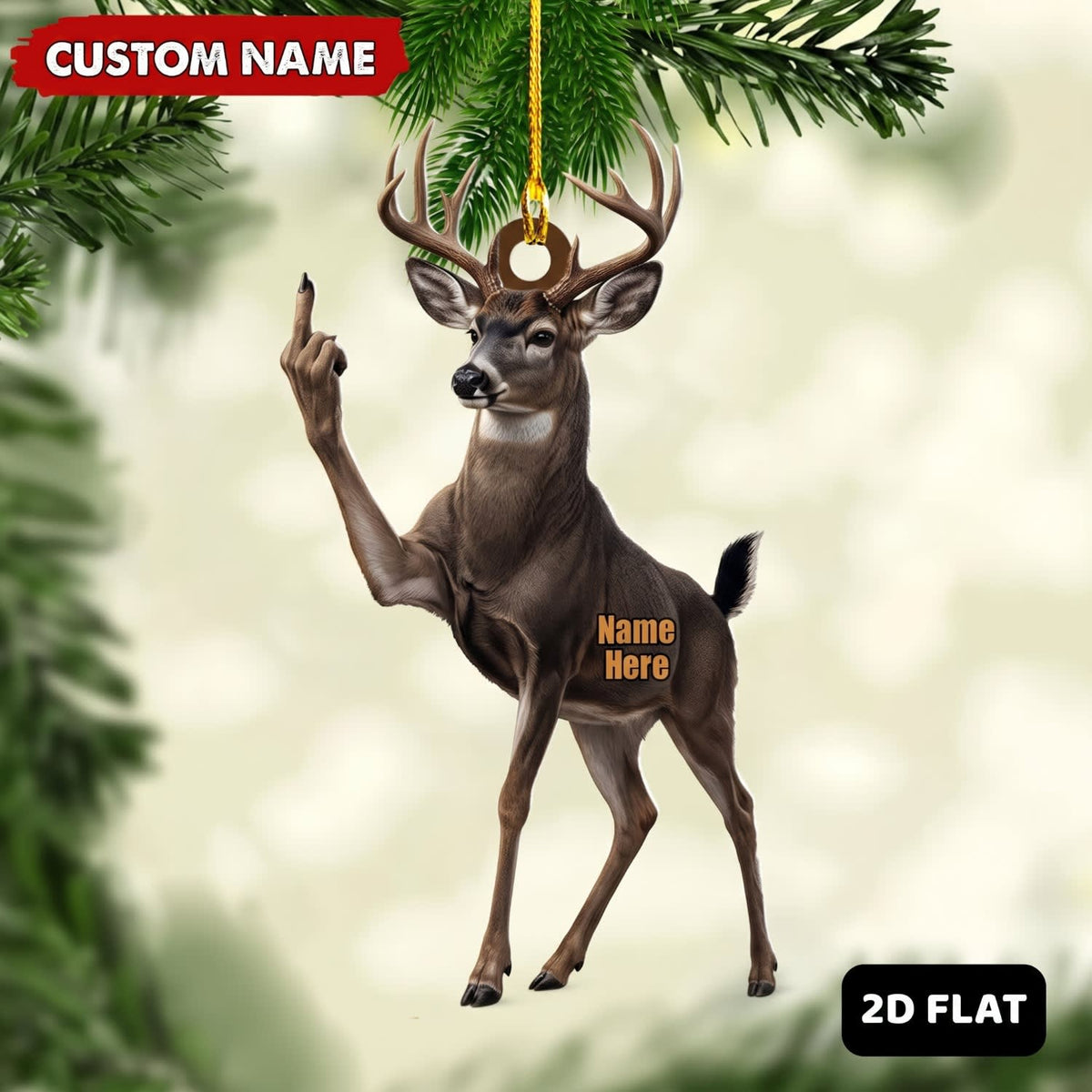 MollyTee Whitetail Deer Hunting Middle Finger Gesture Deer Hunter Christmas Gift Customized Name 3D-Look Keychain And Ornament - image 1