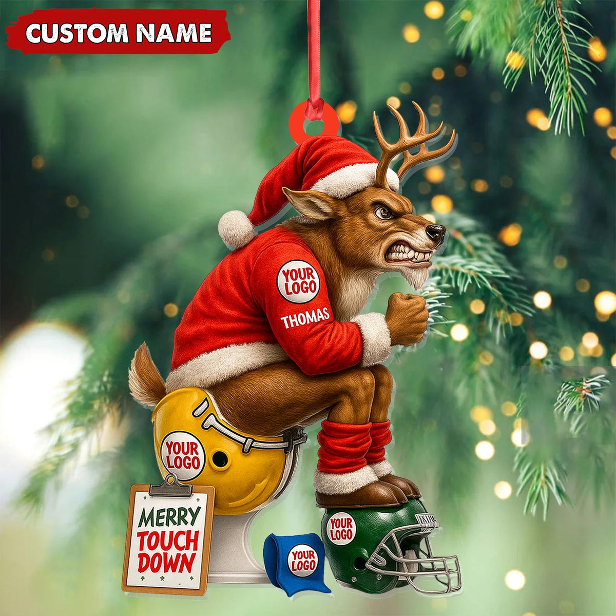 MollyTee Personalized Football Christmas Ornament, Custom Reindeer Santa Touchdown Decoration, Funny Custom Name Team Logo Gift MT2411 - image 3