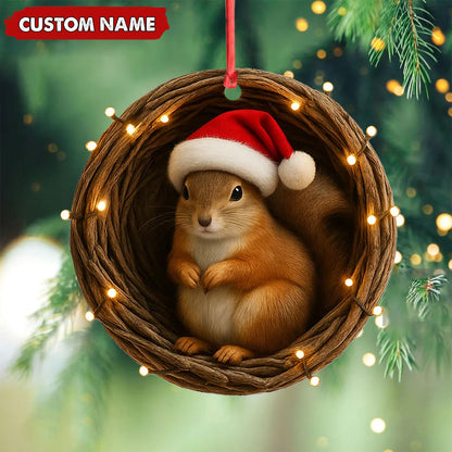 MollyTee Personalized Squirrel Christmas Ornament, Custom Name Woodland Nest Santa Hat Decoration, Cute Holiday Tree Hanging Gift for Animal Lovers MT2411 - image 3
