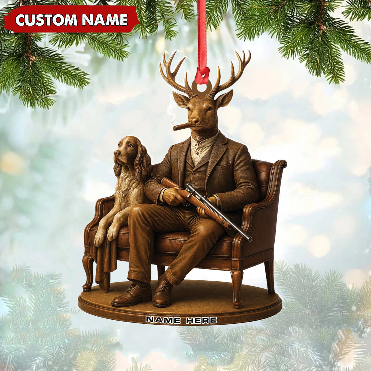 MollyTee Personalized Acrylic Deer Christmas Ornament - Elegant Hunter Buck with Dog Holding Rifle Holiday Decor 2D Flat - image 1