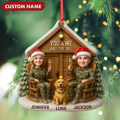 MollyTee Personalized Hunter Couple Dog Christmas Ornament, Custom Name “You and Me and the Dog” Cabin, Cute Hunting Family Pet Lover Gift - image 4