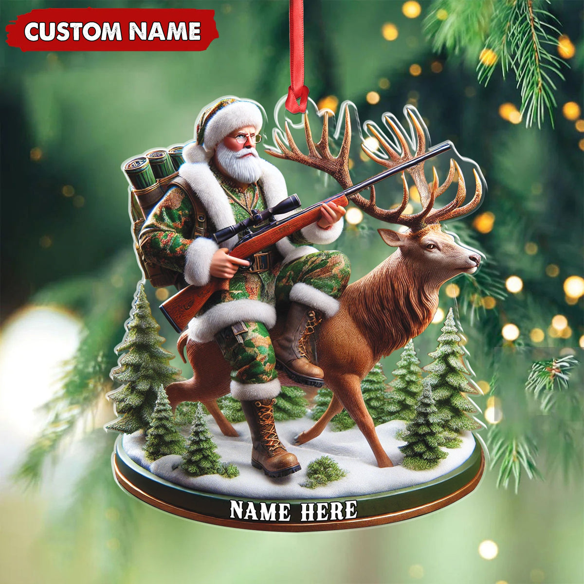 MollyTee Personalized Acrylic Hunter Santa Riding Deer Christmas Ornament - Custom Hunting Gift Decoration - image 3