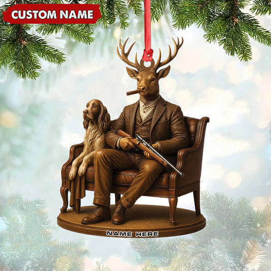 MollyTee Personalized Acrylic Deer Christmas Ornament - Elegant Hunter Buck with Dog Holding Rifle Holiday Decor - image 1