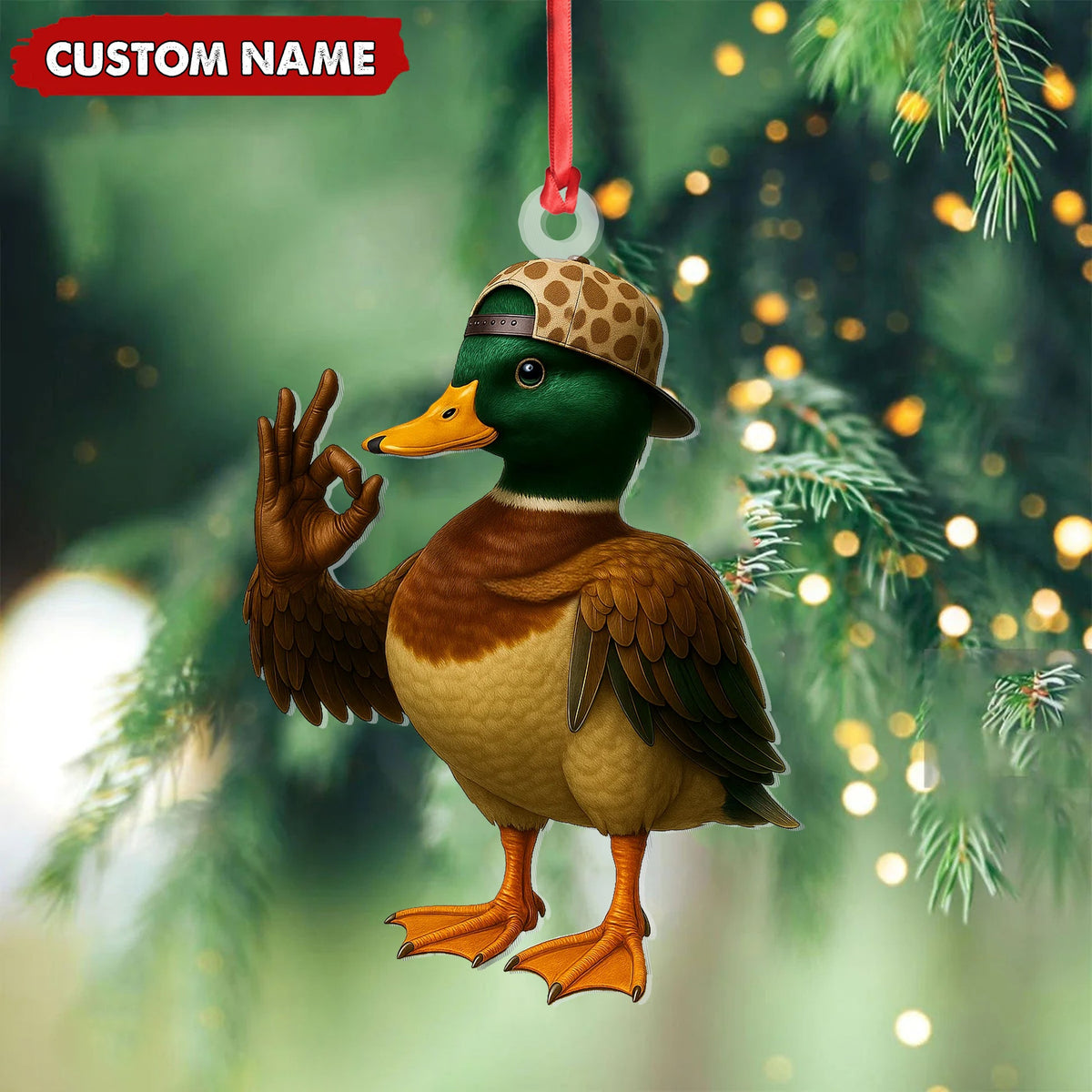 MollyTee Personalized Cool Duck Christmas Ornament, Custom Name Mallard Wearing Hat, Funny Hipster Duck Tree Decoration - image 4