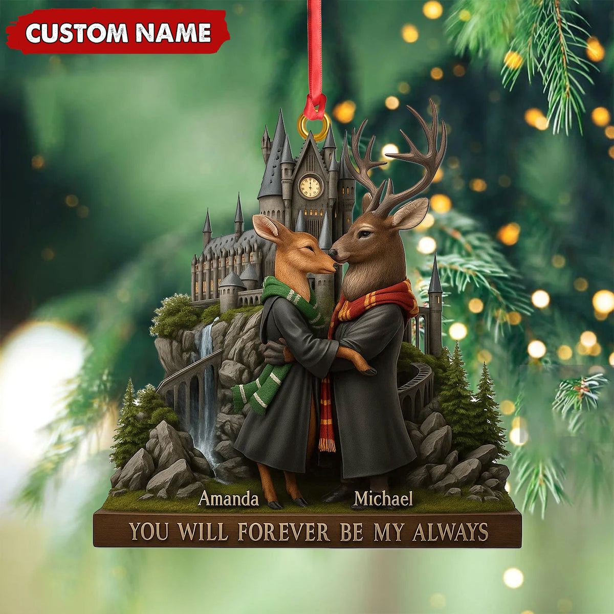 MollyTee Personalized Wizard Castle Deer Couple Ornament, Custom Name Fantasy Lovers Christmas Gift, Magic School Romance Tree Decoration - image 4