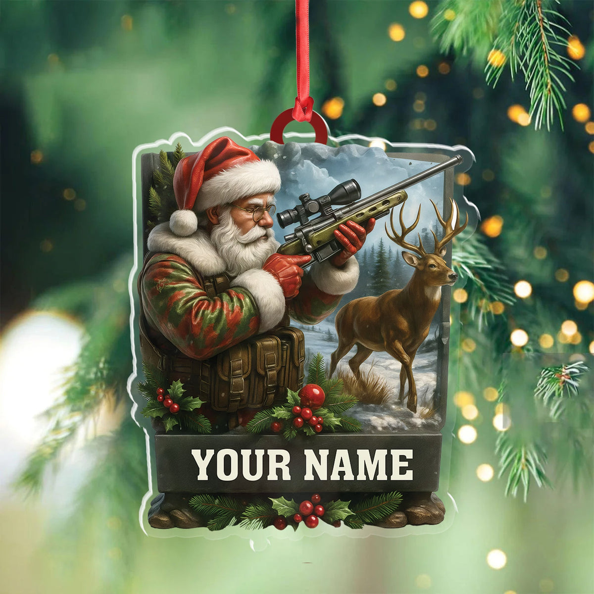 MollyTee Custom Name Santa Hunter Ornament, Deer Hunting Christmas Tree Decor, Personalized Camo Gift - image 3