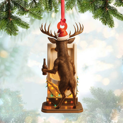 MollyTee Personalized Acrylic Deer Christmas Ornament - Funny Buck with Santa Hat Drinking Beer by Urinal Holiday Decor - image 1
