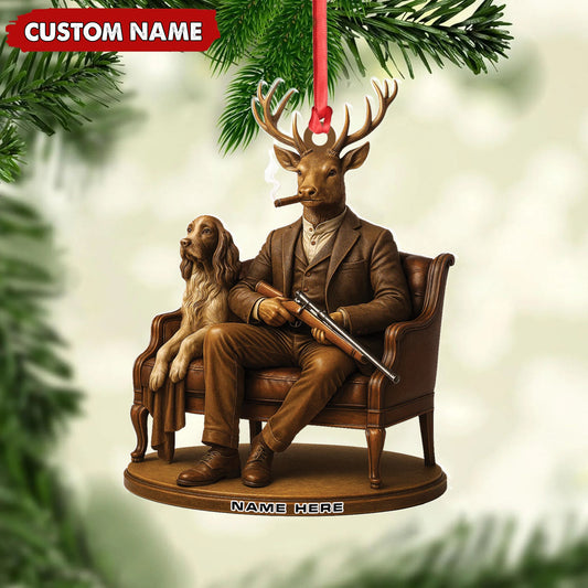 MollyTee Personalized Acrylic Deer Christmas Ornament - Elegant Hunter Buck with Dog Holding Rifle Holiday Decor - image 2
