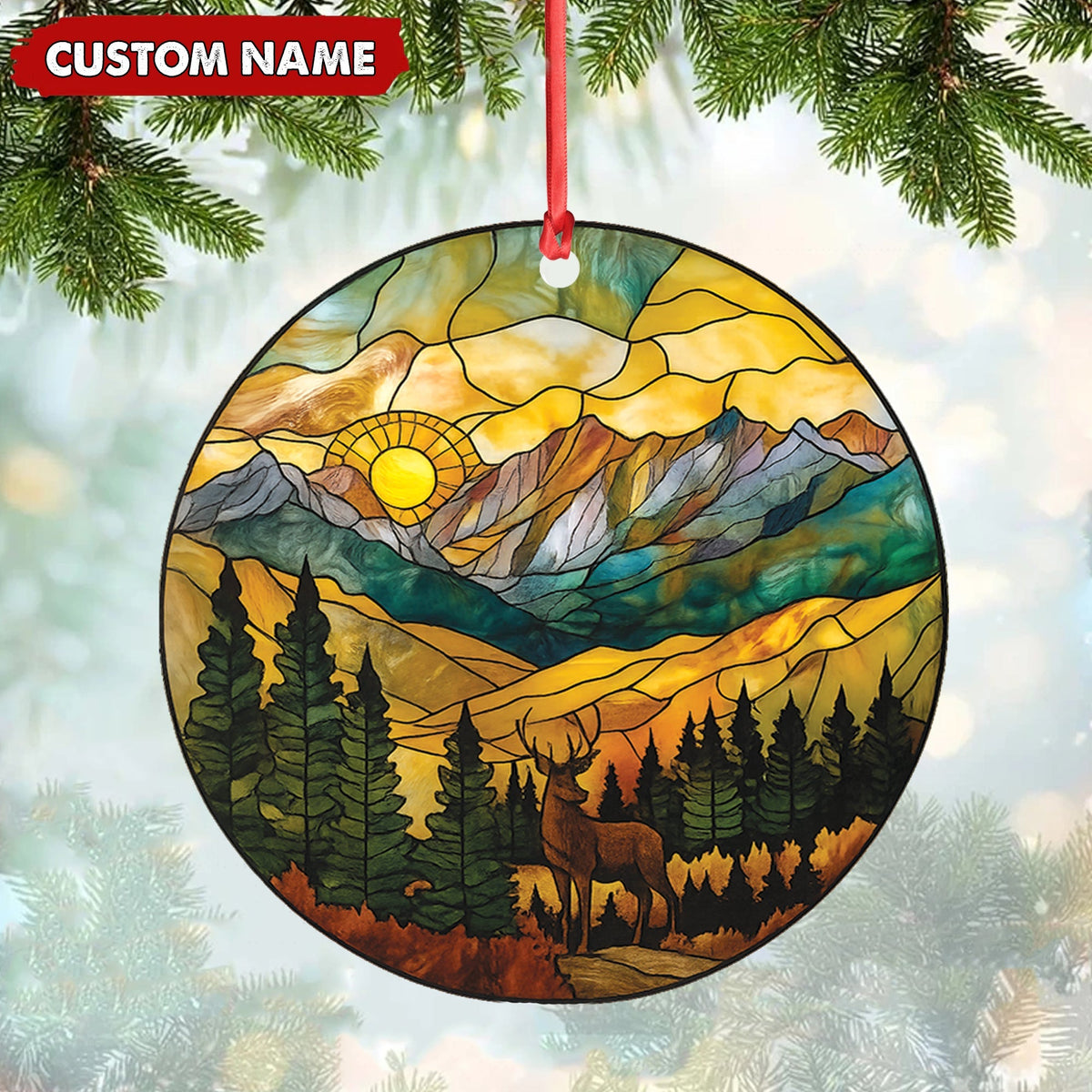 MollyTee Personalized Deer Stained Glass Acrylic Ornament - Mountain Sunrise Christmas Tree Decoration Gift - image 4