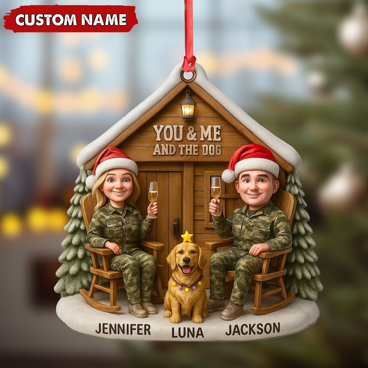 MollyTee Personalized Hunter Couple Dog Christmas Ornament, Custom Name “You and Me and the Dog” Cabin, Cute Hunting Family Pet Lover Gift - image 3