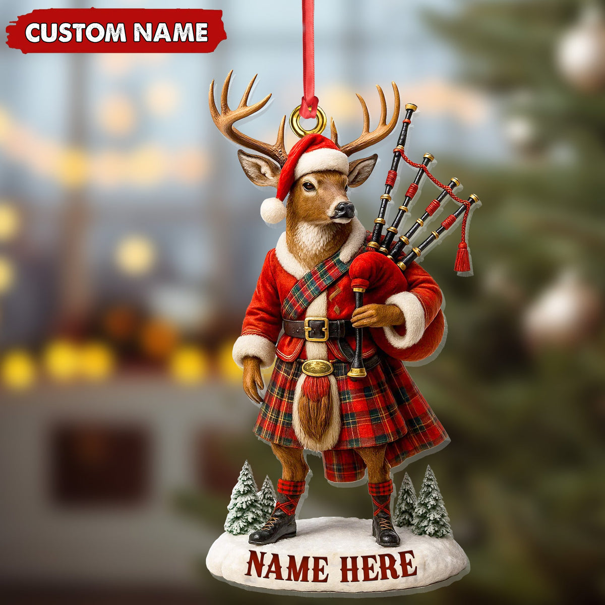 MollyTee Personalized Scottish Deer Ornament, Custom Name Highland Bagpiper Christmas Decoration - image 6