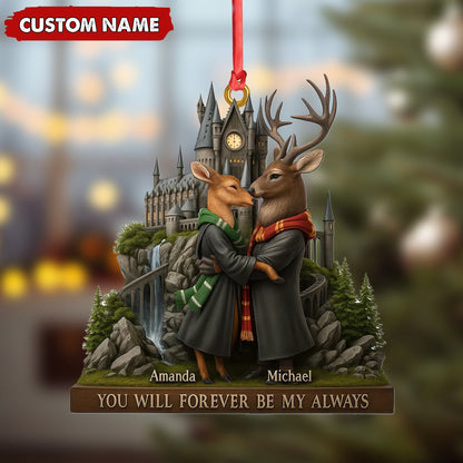 MollyTee Personalized Wizard Castle Deer Couple Ornament, Custom Name Fantasy Lovers Christmas Gift, Magic School Romance Tree Decoration - image 3