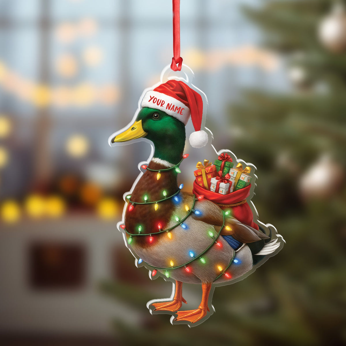 MollyTee Funny Christmas Duck Acrylic Ornament - Mallard Santa with Lights and Gifts, Personalized Holiday Decoration for Duck Lovers, Unique Hunter Christmas Gift - image 4