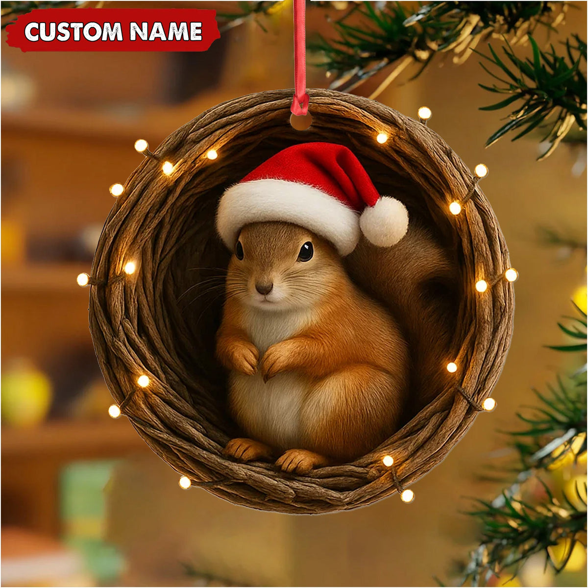 MollyTee Personalized Squirrel Christmas Ornament, Custom Name Woodland Nest Santa Hat Decoration, Cute Holiday Tree Hanging Gift for Animal Lovers MT2411 - image 5