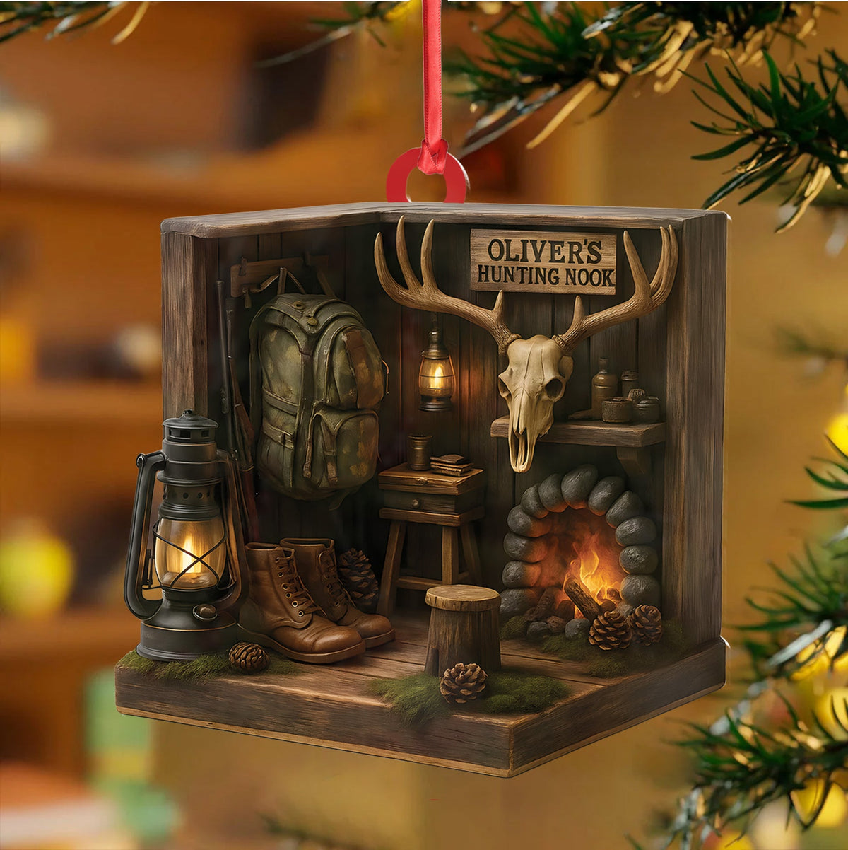 MollyTee Personalized Hunting Cabin Ornament, Custom Name Deer Antler Lodge Christmas Decoration - image 4