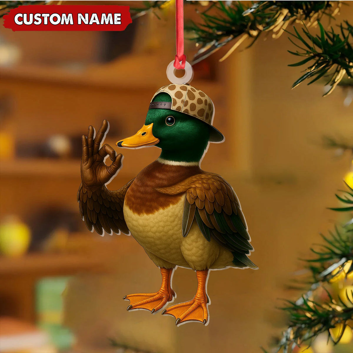 MollyTee Personalized Cool Duck Christmas Ornament, Custom Name Mallard Wearing Hat, Funny Hipster Duck Tree Decoration - image 2