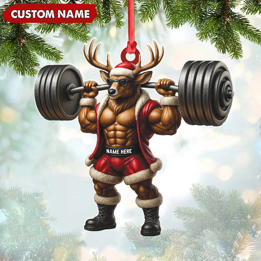 MollyTee Personalized Acrylic Muscle Deer Christmas Ornament - Custom Weightlifting Holiday Decoration - image 1