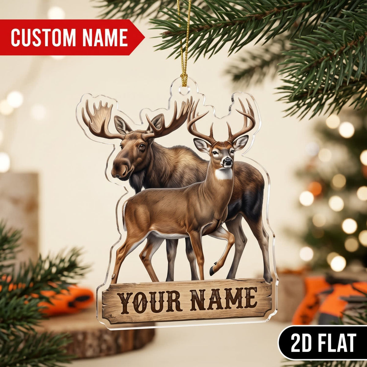 MollyTee Moose Hunting Bull Moose Pair Customized Name 3D-Look Keychain And Ornament - image 1