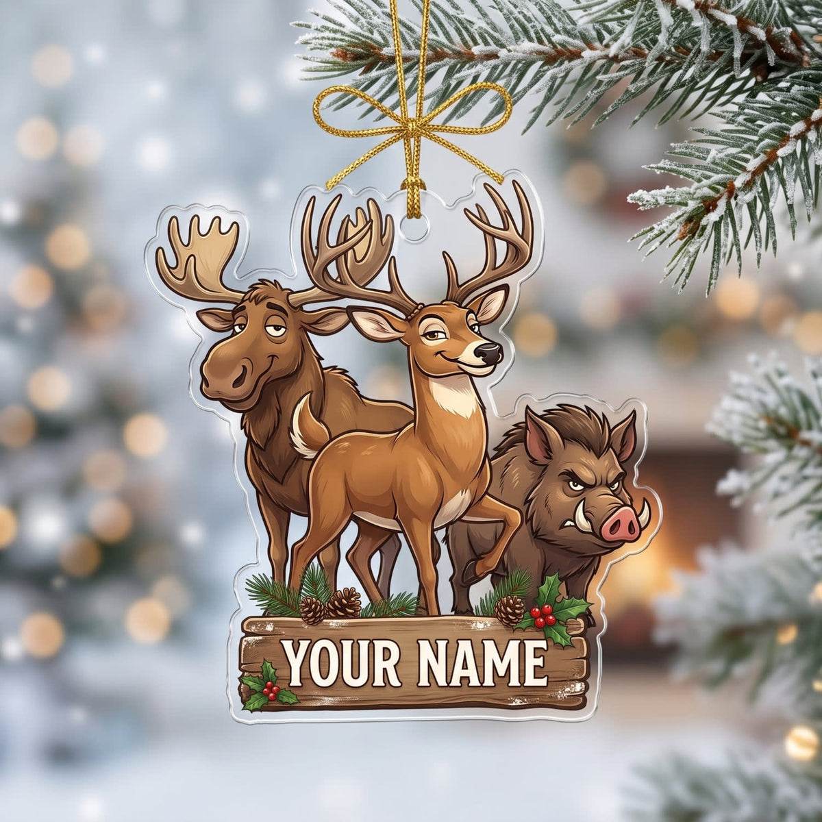 MollyTee Hunting Deer Wild Boar Woodland Trio Customized Name 3D-Look Keychain And Ornament - image 1