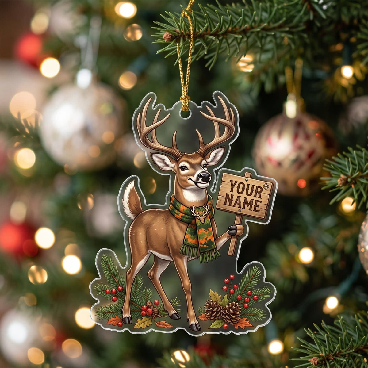 MollyTee Deer Hunting Whitetail Buck Christmas Customized Name 3D-Look Keychain And Ornament - image 1