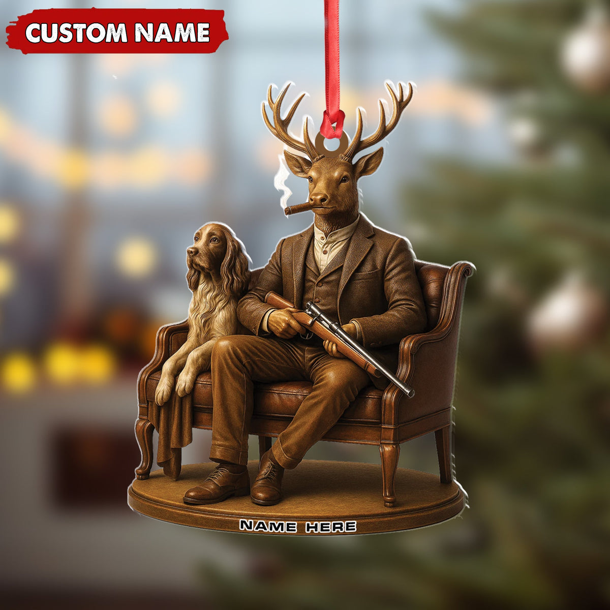 MollyTee Personalized Acrylic Deer Christmas Ornament - Elegant Hunter Buck with Dog Holding Rifle Holiday Decor - image 3