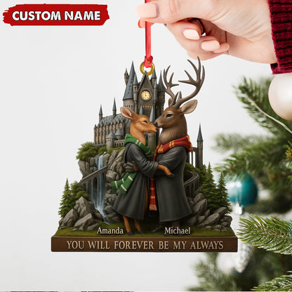 MollyTee Personalized Wizard Castle Deer Couple Ornament, Custom Name Fantasy Lovers Christmas Gift, Magic School Romance Tree Decoration - image 2