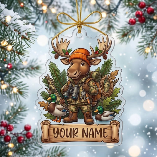 MollyTee Moose Hunting Christmas Woodland Hunter Customized Name 3D-Look Keychain And Ornament - image 1