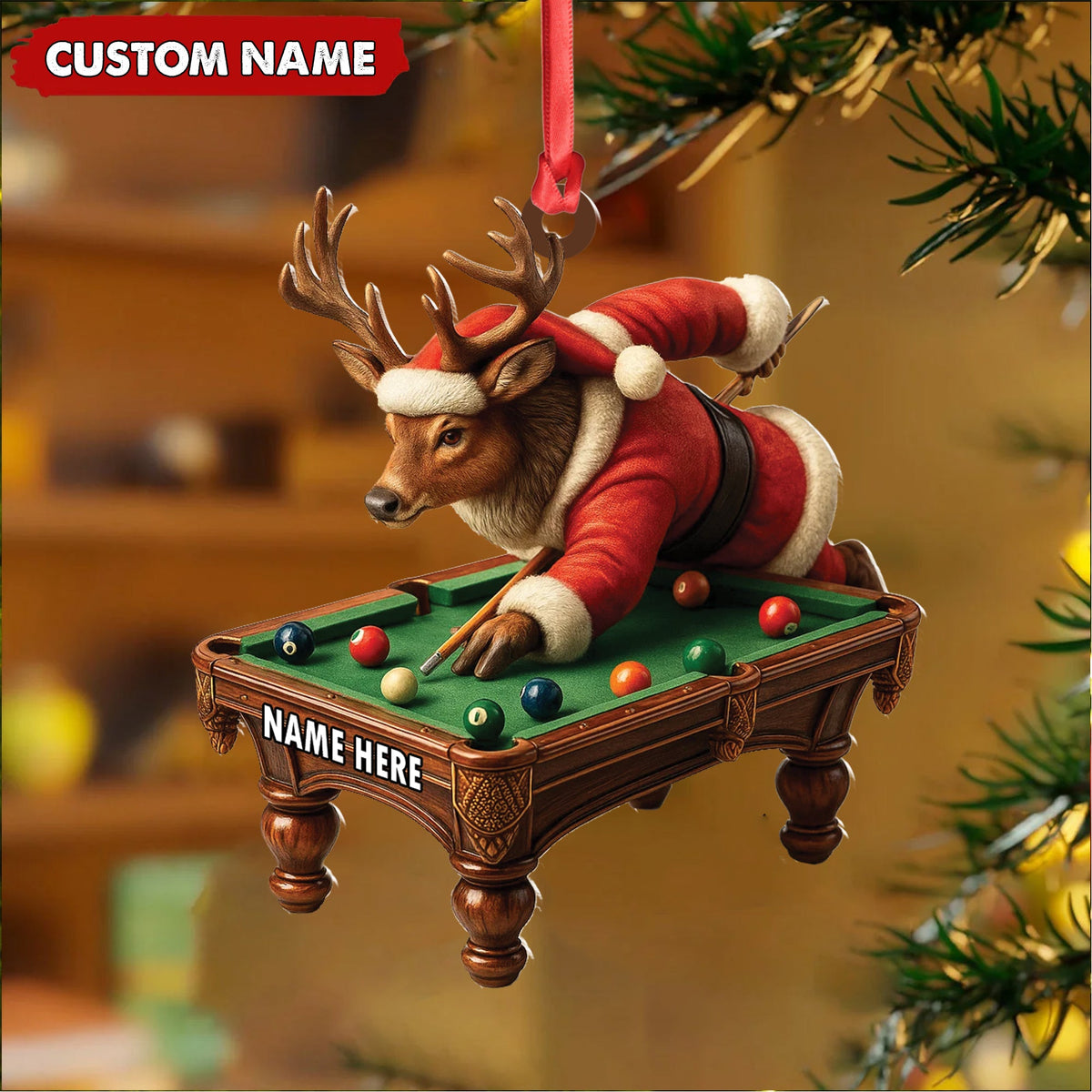 MollyTee Personalized Acrylic Deer Christmas Ornament - Funny Buck Playing Pool in Santa Outfit Holiday Decor - image 3